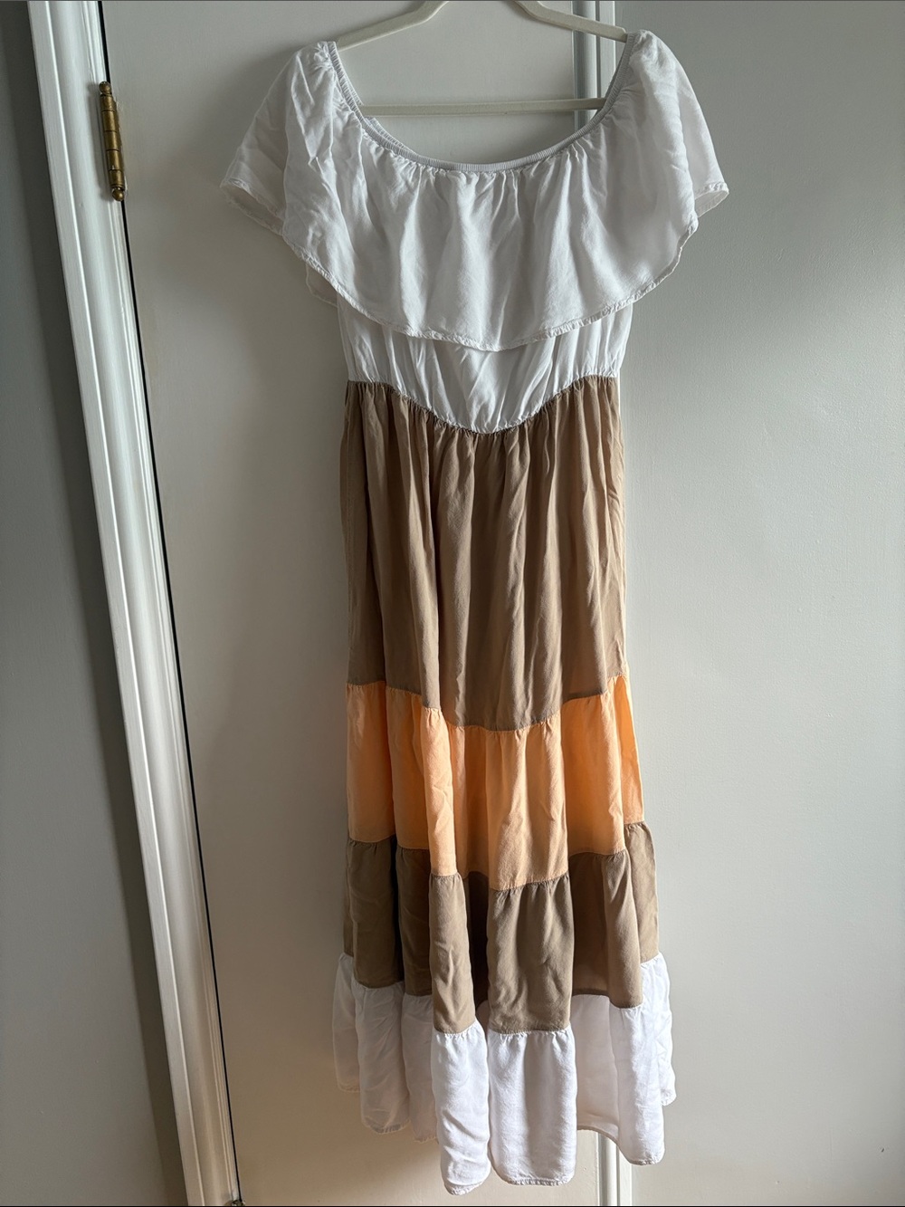 Summer Tiered Maxi Dress in White, Tan & Peach